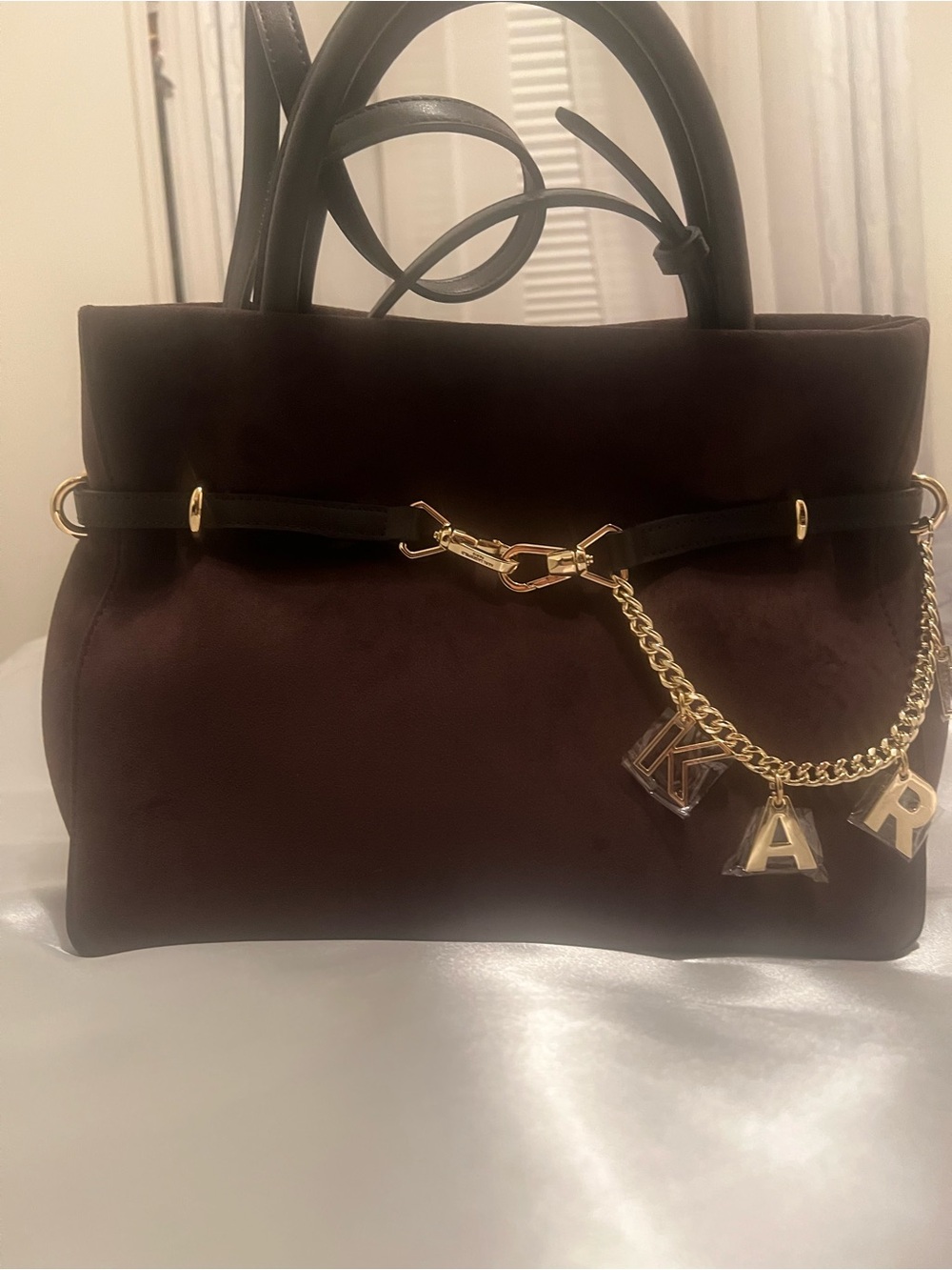 Karl Lagerfeld Dark Brown Suede Satchel with Gold Charm Chain